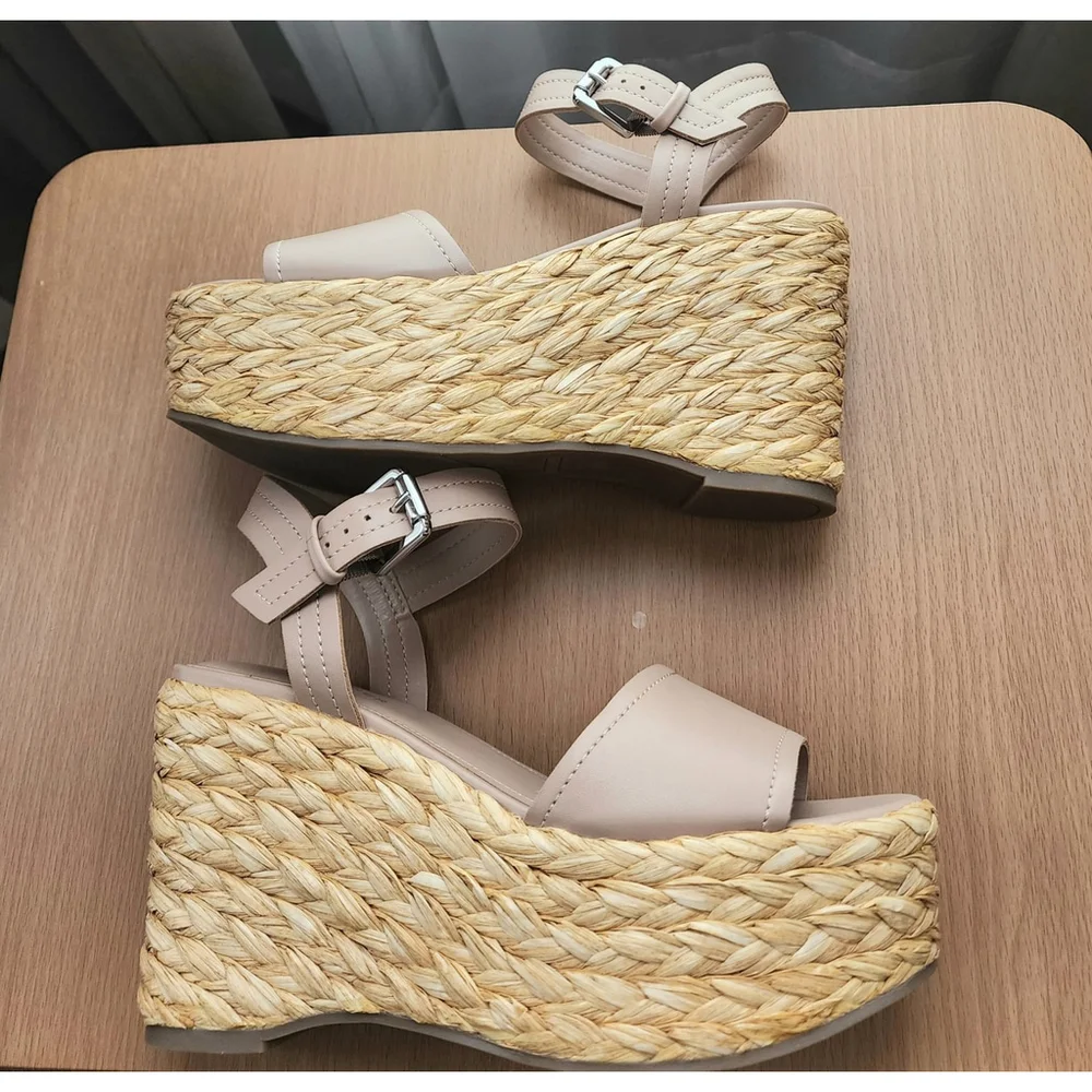 Marc Fisher Women Braided Raffia Chunky Platform Sandals 9.5 M Tan Beige